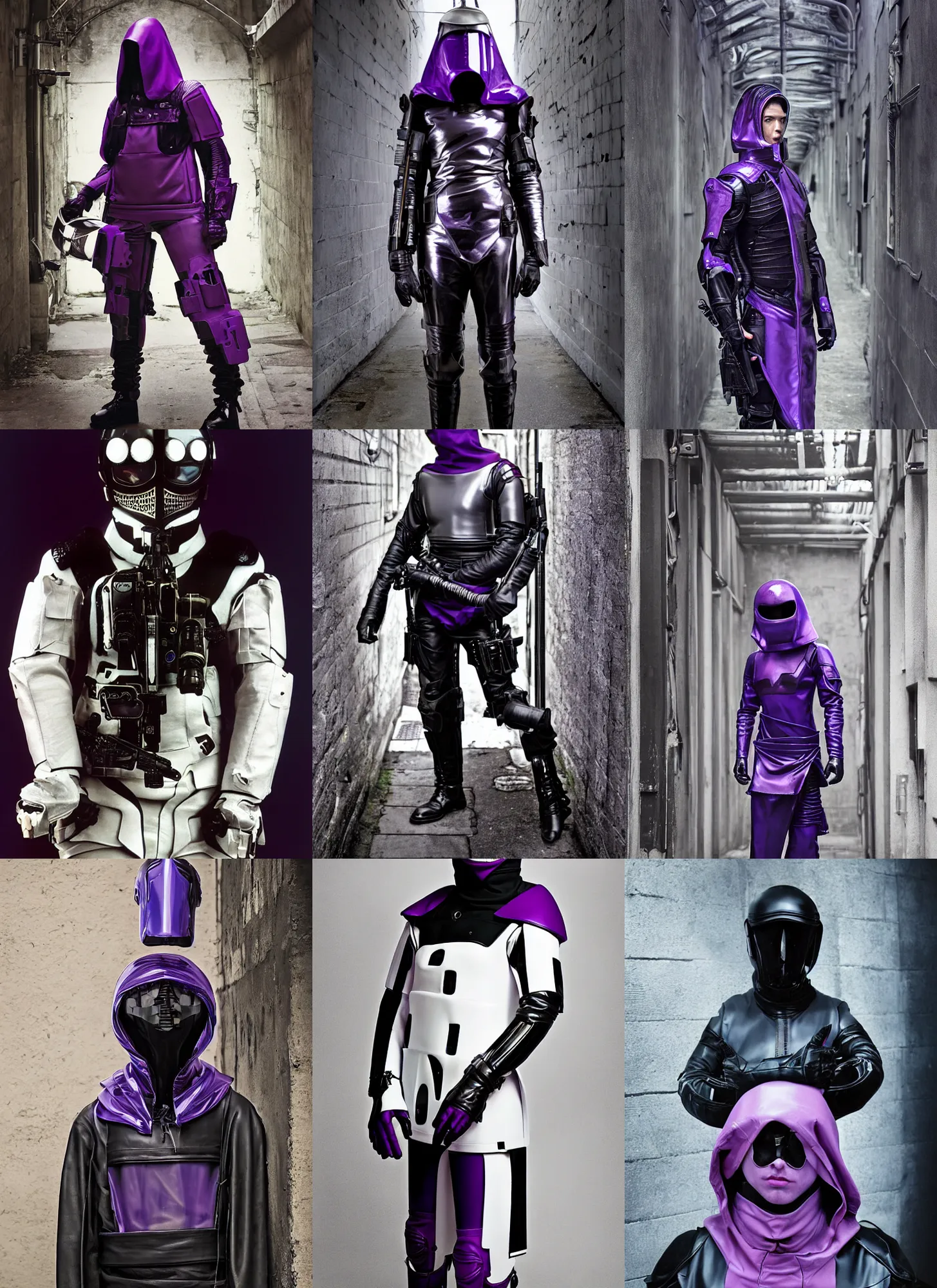 Prompt: arrogant male with white sci - fi tactical gear, black leather garment, purple transparent sci - fi hood, full shot fashion photography, alleyway, battle ready, by irving penn and storm thorgerson, ren heng, peter elson