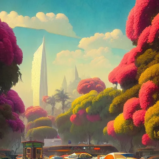 Image similar to a painting of an art - deco cityscape surrounded by flowers, a watercolor and matte painting by beeple and rhads and maxfield parrish, cgsociety, artdeco, utopia art, sci - fi, artstation hq