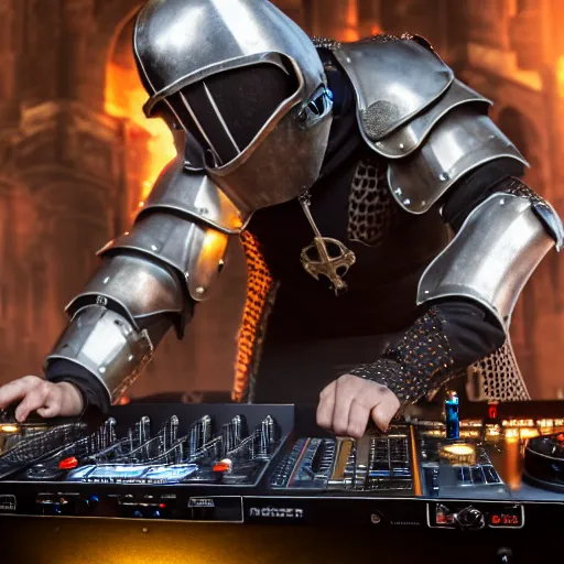 Image similar to photograph of a dubstep dj in medieval crusader armor djing during a medieval party, 8 k resolution, high detail