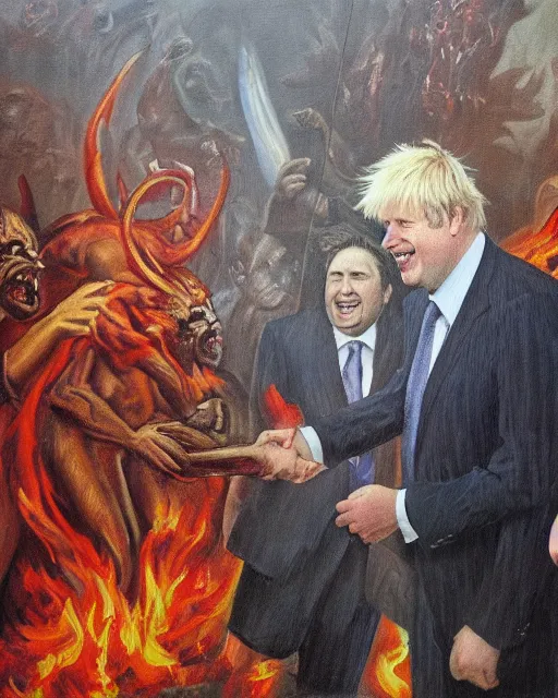 Prompt: an oil painting of uk politician former prime minister boris johnson having a meeting with the devil satan in the fiery pits of hell, demonic imagery, pagan, satanic symbolism, smiling and shaking hands, 4 k detail