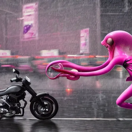 Prompt: hyper realistic, photo, humanoid pink female Squid creatures riding a motorcycle fast in the rainy city traffic