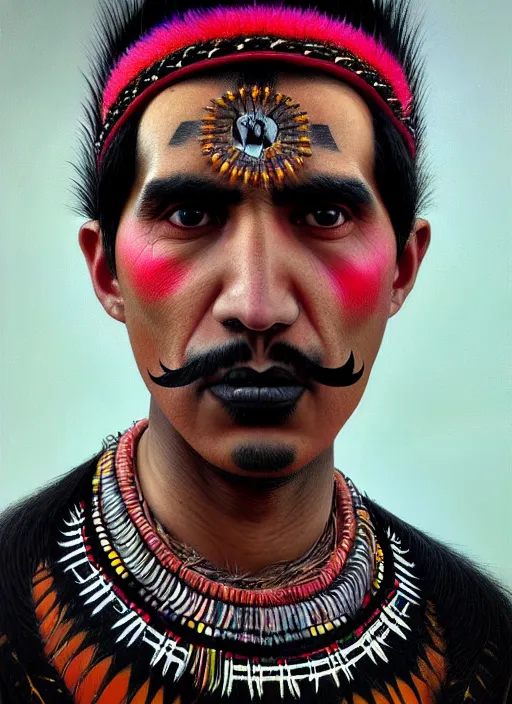 Image similar to portrait of an indigenous man with a crooked nose and a confident expression, 1 9 6 0 s, black clothes, goth, punk, brightly coloured hair, funk, intricate, elegant, highly detailed, digital painting, artstation, concept art, smooth, sharp focus, illustration, art by wlop, mars ravelo and greg rutkowski