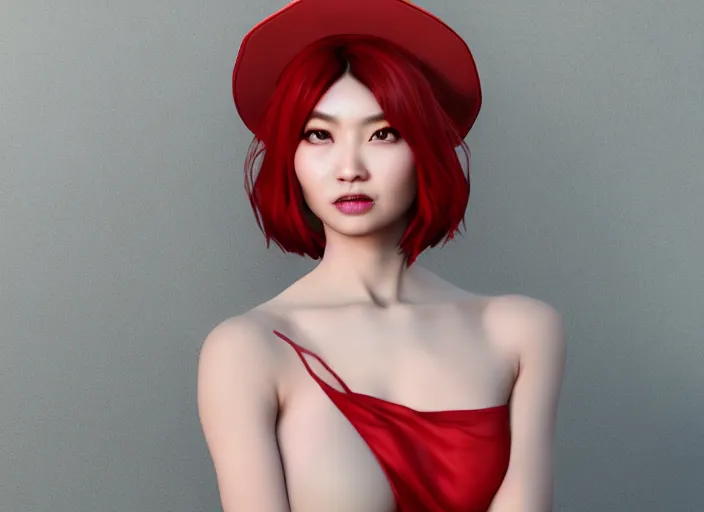 Prompt: stunning render portrait of a beautiful oriental woman with red hair wearing a hat, her eyes are green. 4 k unreal engine, daz, octane, zbrush, maya.