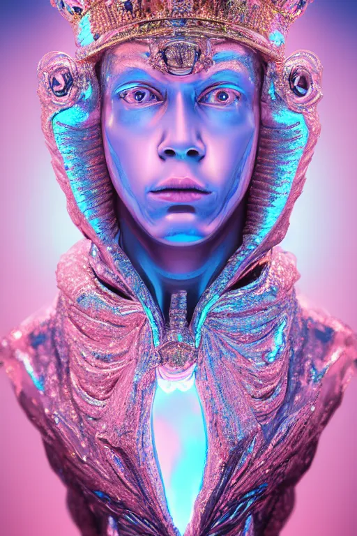 Prompt: hyper detailed ultra sharp portrait of baroque and bladerunner delicate neon diamond sculpture of seductive muscular albino young king, diamond pink sphinx iridescent humanoid deity wearing metallic hoody made out of hands holding the sun prismatic dungeon, glowing blue face, crown of white diamonds, cinematic lighting, photorealistic, octane render 8 k depth of field 3 d