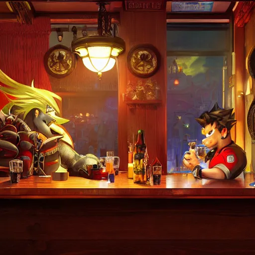 Prompt: an ultra detailed illustration of shadow the hedgehog and bowser sitting in a bar drinking beer, dive bar with a karaoke machine, volumetric lighting, 4 k, octane render, art by greg rutkowski and alphonse mucha and andreas rocha and albert bierstadt