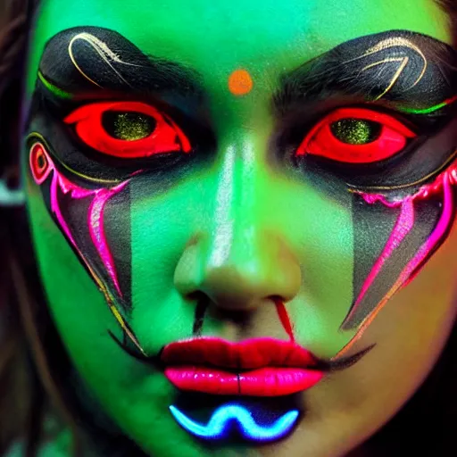 Image similar to a beautiful female indigenous warrior with futuristic face paint, neon ornamental markings, photorealistic, cinematic lighting, high resolution 4 k