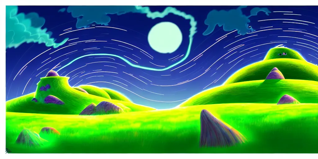 Prompt: night chubby cartoon concept art, grass spiral mountain nightscape, from lorax movie, black blue green, spiral clouds, sam and max