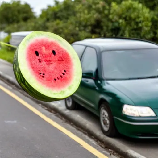 Prompt: a water melon hitting a stop sign