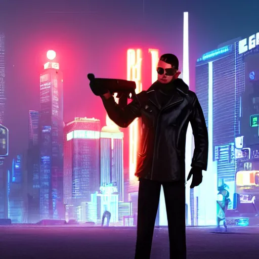 Prompt: a matte painting of a man in a black leather coat holding a gun to the sky in the middle of a cyberpunk city, night, neon lights,