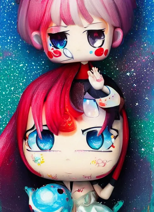 Prompt: a dramatic emotional hyperrealistic pop surrealist oil panting of a sad sobbing kawaii vocaloid figurine caricature with pretty sparkling anime eyes sobbing red in the face ugly crying with tears and snot featured on splatoon by arthur szyk made of madballs