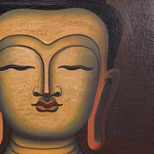 Image similar to a painting of a buddha with his eyes closed, an oil on canvas painting by ram chandra shukla, shutterstock, figurativism, creative commons attribution, photoillustration, fractalism