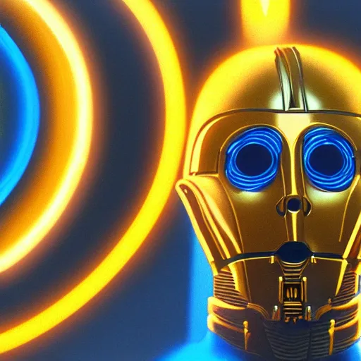 Prompt: portrait of c 3 p 0, blue and yellow glowing lights, highly detailed, digital painting, artstation, smooth, sharp focus