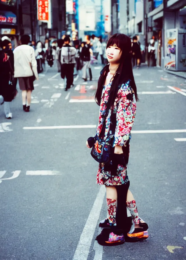 Image similar to a street fashion photograph of a cute japanese woman in 9 0 s fashion, in tokyo akihabara, shot on cinestill 5 0 d with a 3 5 mm at f / 2. 8 lens, print magazine, photorealistic, nineties nostalgia, 4 k