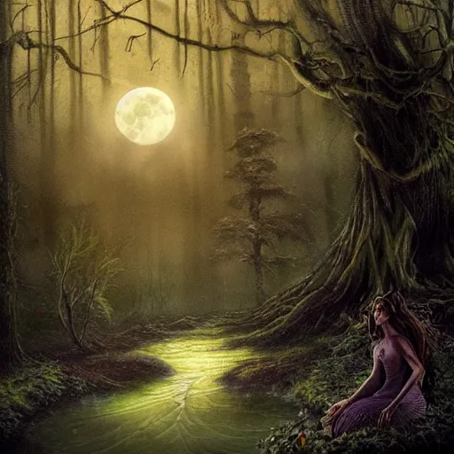 Prompt: highly realistic scenic painting of a towering misty dark fantasy forest surrounding a pond, a rusalka sits on the roots of an ancient tree looking up at the moon, spooky fog, scary forest, fantasy painting hd