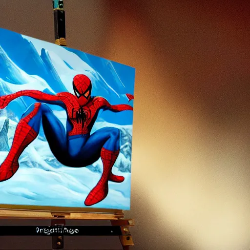 Image similar to a closeup photorealistic photograph of bob ross working on a canvas painting of spiderman. film still. brightly lit scene. mountains and trees. this 4 k hd image is trending on artstation, featured on behance, well - rendered, extra crisp, features intricate detail, epic composition and the style of unreal engine.