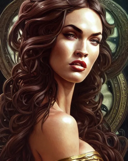 Prompt: portrait of megan fox as medusa gorgo, many snake hair, serpent hair, greek mythology, intricate, headshot, highly detailed, digital painting, artstation, concept art, sharp focus, cinematic lighting, illustration, art by artgerm and greg rutkowski, alphonse mucha, cgsociety