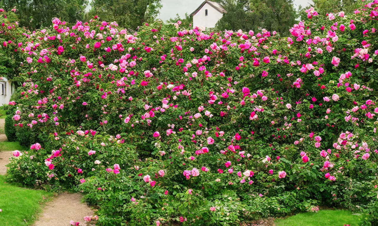 Prompt: a beautiful rose garden by a cottage, photograph, 8k, cinematic, highly detailed