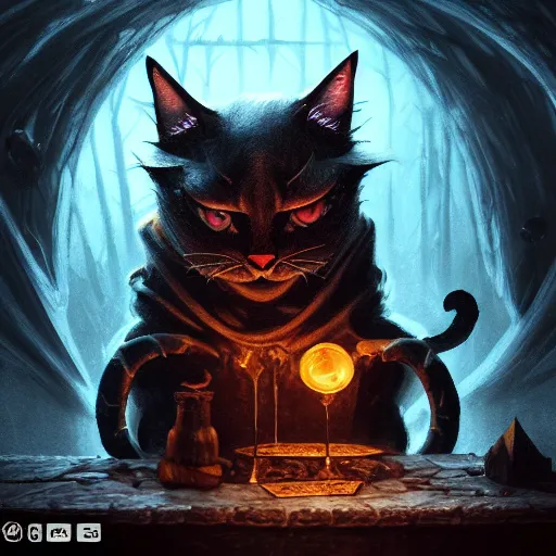 Image similar to Anthropomorphized dark Cat, evil, brewing potion in witch Hut, magic the gathering artwork, horror, D&D, fantasy, cinematic lighting, centered, symmetrical, highly detailed, digital painting, artstation, concept art, smooth, sharp focus, illustration, volumetric lighting, epic Composition, 8k, art by Akihiko Yoshida and Greg Rutkowski and Craig Mullins, oil painting, cgsociety