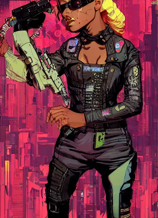 Image similar to selina igwe. cyberpunk mercenary with scenic background. portrait illustration, pop art, art by ashley wood, alphonse mucha, laurie greasley and josan gonzales. cinematic. beautiful lighting.