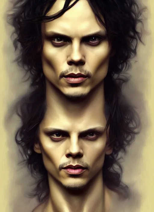 Image similar to ville valo, male, portrait, intricate, highly detailed, digital painting, artstation, concept art, wallpaper, smooth, sharp focus, illustration, art by artgerm and greg rutkowski and alphonse mucha