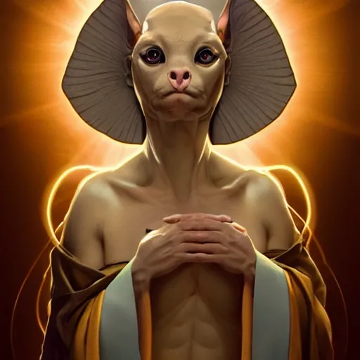 Prompt: godlike sphynx cat, animal sphynx cat, anthropomorphic sphynx cat, deity, holy robes, holy light aura, ultra details, art by artgerm, dwayne barlowe, trending on artstation and greg rutkowski and alphonse mucha, 8 k