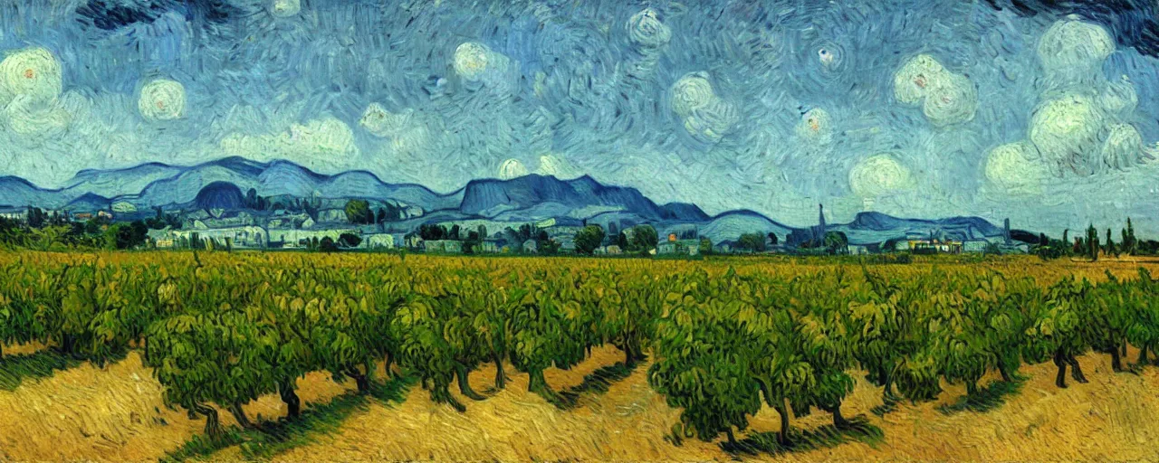 Prompt: trending on artstation, an idyllic vineyard, oil on canvas, in the style of Vincent van Gogh