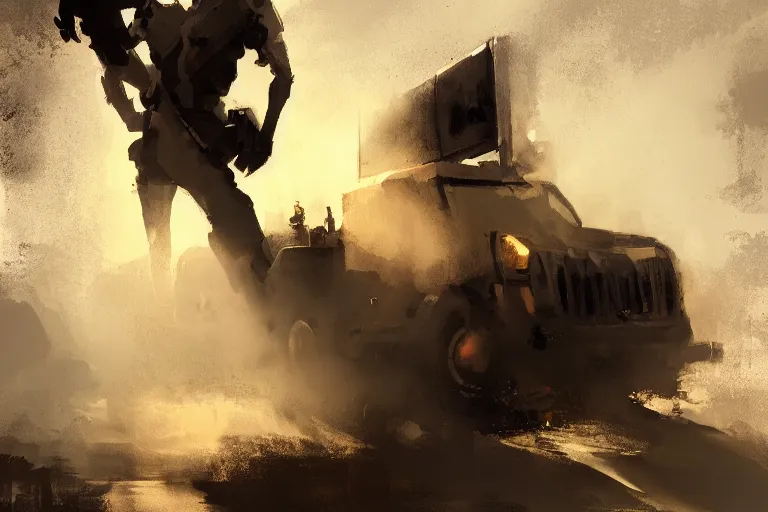 Image similar to epic concept art of a man standing with an oncoming truck. backlighting. strong contrast. by ashley wood and j. m. w. turner, speed painting, photo bash, cinematic angle, super detailing, strong perspective