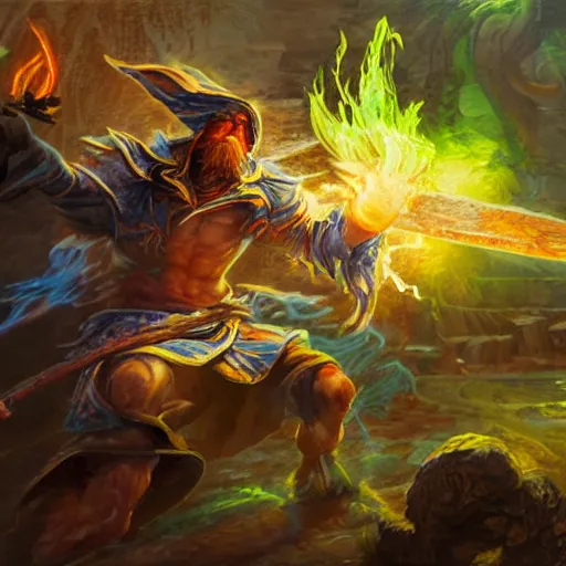 Image similar to A highly detailed oil painting concept art of a sorcerer casting an acid splash spell against a fighter wielding a greatsword, highly detailed concept art.