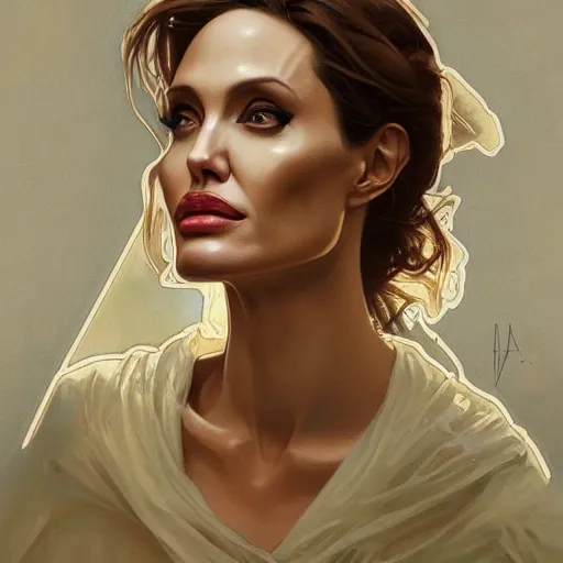 Prompt: portrait of angelina jolie by greg rutkowski, alphonse mucha and ayami kojima, very tall and slim, wearing a oversized jumper jumpsuit, scifi, highly detailed portrait, digital painting, artstation, concept art, smooth, sharp foccus ilustration, artstation hq