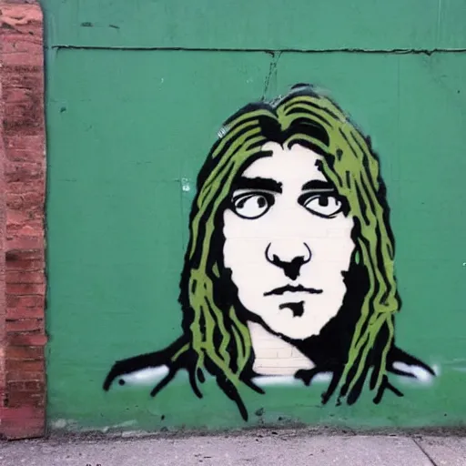 Image similar to young man, long hair!!!!, clean shaven, dark green eyes, long eyelashes, dark eyebrows, light widows peak, light facial hair, in the style of banksy, in frame