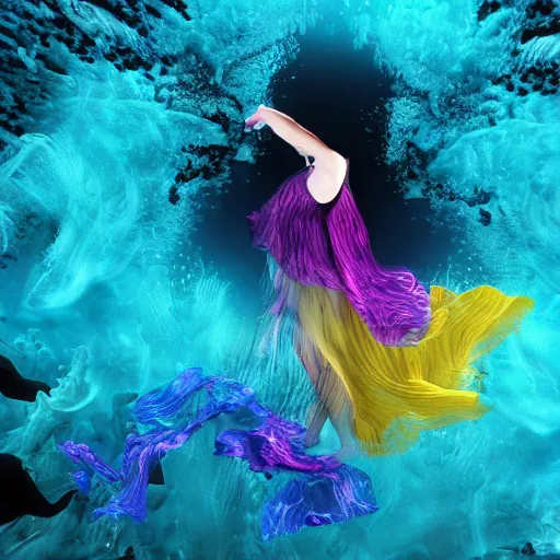 Image similar to woman dancing underwater wearing a flowing dress made of blue, magenta, and yellow seaweed, delicate coral sea bottom, swirling silver fish, swirling smoke shapes, cinema 4 d render, caustics lighting from above, cinematic, hyperdetailed