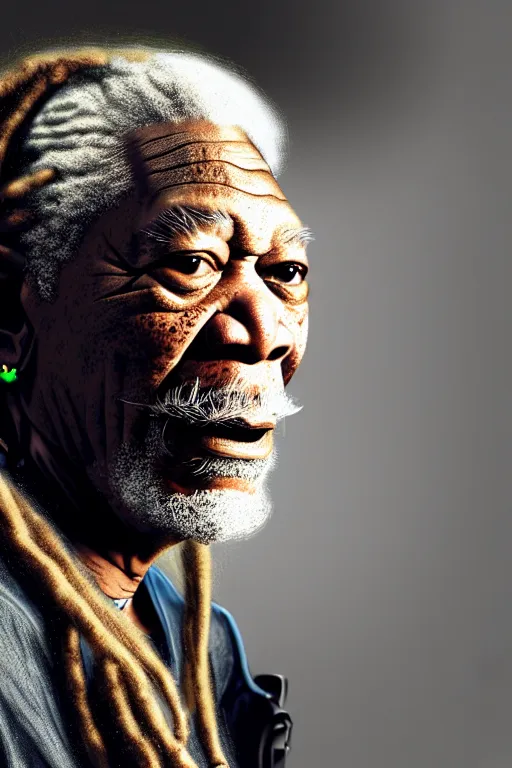 Prompt: a very detailed portrait of a old African man, Morgan Freeman, with dreadlocks, biotech, machine, photorealistic, highly detailed rendering with a cyberpunk style_ robotic arms, dramatic cinematic lighting