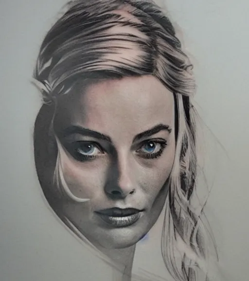 Image similar to tattoo design sketch double exposure of margot robbie with beautiful mountain scenery mash up, in the style of arlo dicristina, surrealist, amazing detail, sharp