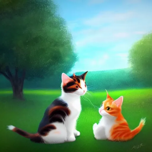Prompt: two cute calico cats sitting looking at eachother outside in the grass on a beautiful day, two multi - colored calico cats, artstation, cgsociety, storybook art