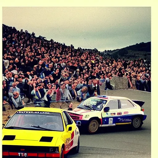 Prompt: “1983 group B rally Tesla model S jumping the Fafe jump in Portugal in the middle of a crowd VHS”