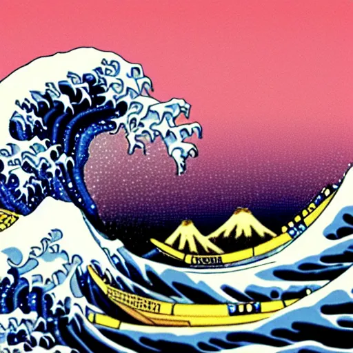 Prompt: The Great Wave off Kanagawa with pink lava and fire, rococo , hyperreal, detailed , 4k