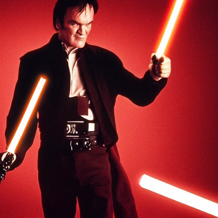 Image similar to quentin tarantino raising a lightsaber with his right hand, giving thumbs up with his left hand. without characters. red and black background. cinematic trailer format.