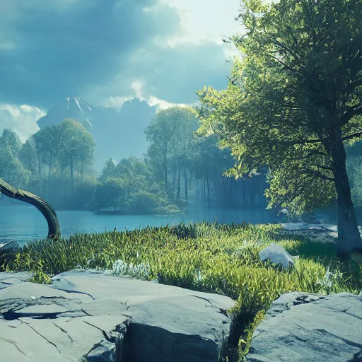 Image similar to a beautiful landscape, octane render, nvidia raytracing demo, masterpiece