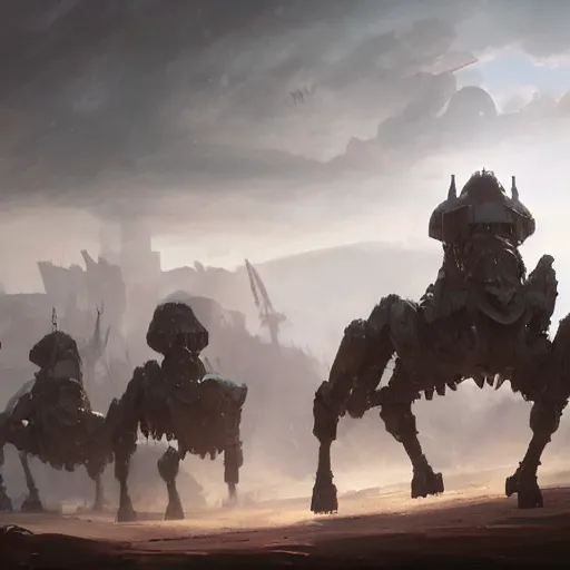 Prompt: a digital painting of crusader robots, matte painting, hyper realistic, very detailed, dramatic scene, realistic lighting, dark fantasy, 4 k, in the style of greg rutkowski,
