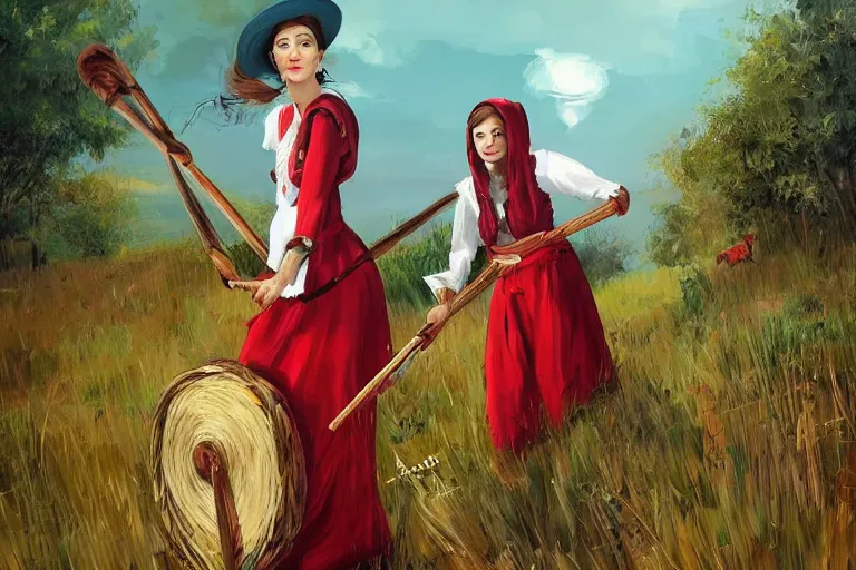 Image similar to concept art romanian woman with scythe, mowing of the hay, drmatic ligthing, traditional romanian clothes, artdtation beautiful