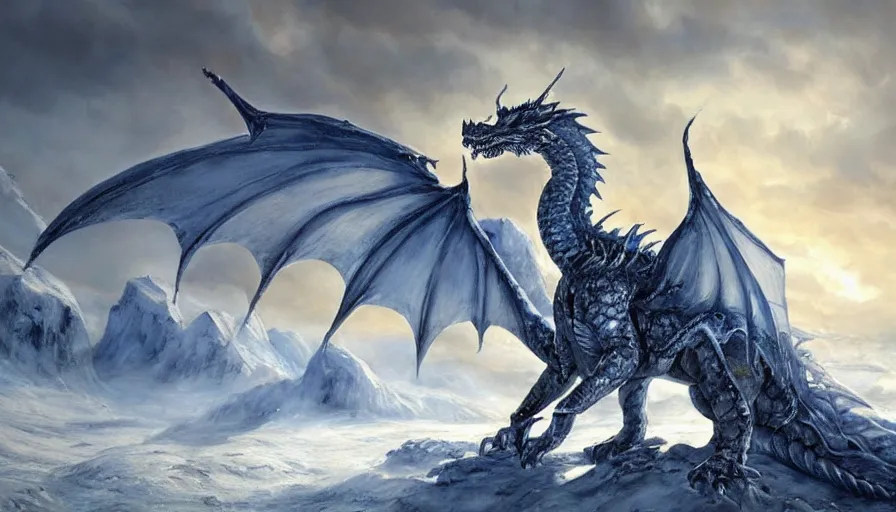 Image similar to epic ice dragon in a nordic landscape under bright daylight with fluffy clouds, set in the words of the Forgotten Realms and Guildwars2, painted by Hans Fredrik Gude, Greg Rutkowksi and Artgerm, concept art 2022, ultra realistic masterpiece, contrasting details vs blank areas, oil on canvas