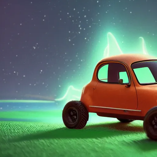 Image similar to tiny cars, phone time machine, bioluminescence, vegetation, colorful, rim light, highly detailed, tilt shift, digital painting, concept art, smooth, sharp focus, pleasing aesthetics, 3 d render, octane render, disney pixar, 4 k