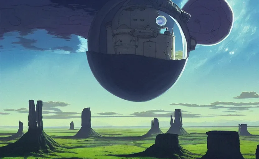 Prompt: a scary hyperrealist painting of a spaceship made of stone and a giant transparent bubble from howl's moving castle ( 2 0 0 4 ) in a flooded monument valley stonehenge jungle. depth perception, 4 k, artstation, in the style of studio ghibli