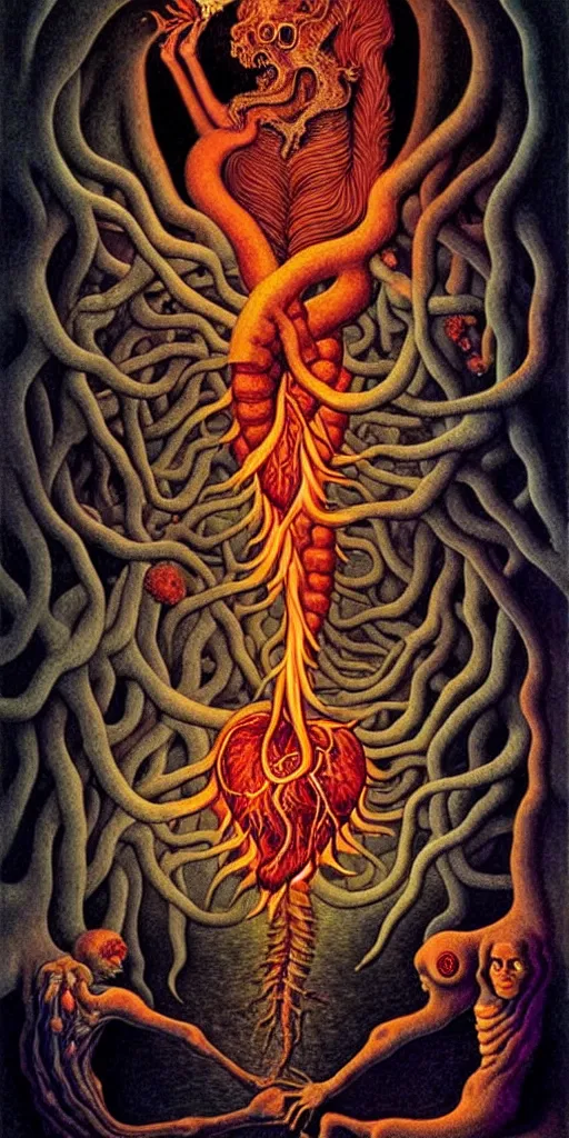 Image similar to mythical creatures and monsters in the visceral anatomical human heart imaginal realm of the collective unconscious, in a dark surreal painting by johfra, mc escher and ronny khalil, dramatic lighting fire glow