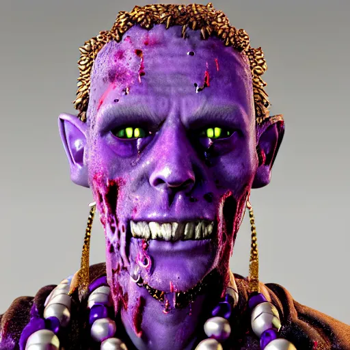 Image similar to zombified purple human with jewels in his skin. portrait by blinx. 4 k octane render.
