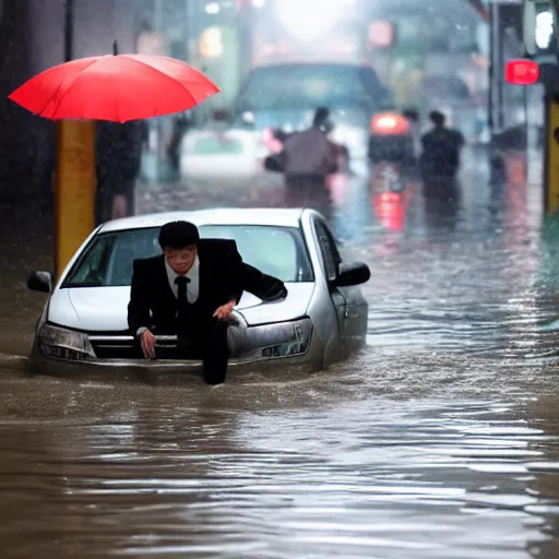 Image similar to seoul city is flooded by heavy rain. A guy with suit is sitting on the top of the A car is middle of the street flooded.