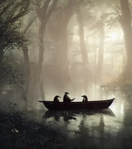 Image similar to three crows in a little boat in a swamp, volumetric lighting, majestic light, octane render, ethereal glare of the sun, hyperrealistic, epic, masterpiece, by greg rutkowski