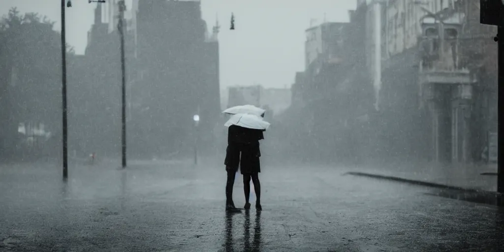 Image similar to lovers in the rain, moody light, empty street, full body