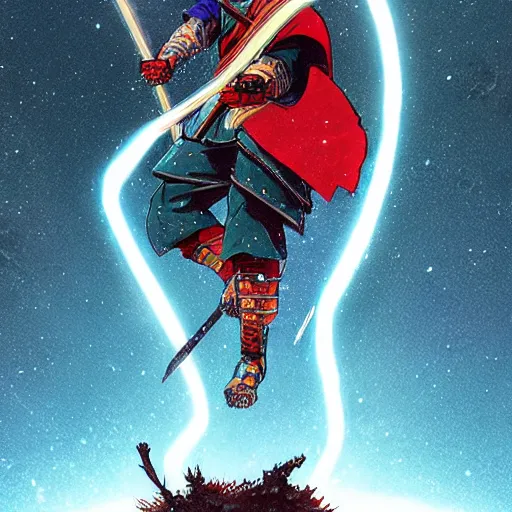 Image similar to UHD Samurai in a cosmic lightning storm on top of a mountain, lighting striking his sword, painted in the style of Greg Rutkowski, Toriyama and Todd McFarlane