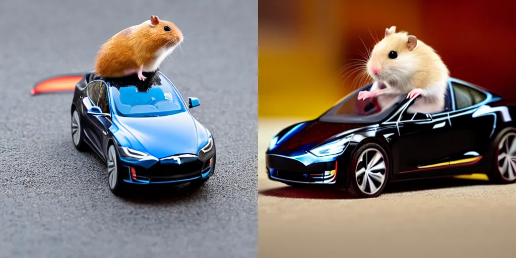 Prompt: a hamster riding an RC Tesla toy car, macro, dslr